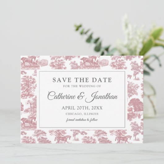 Elegant  Chic Roze Toile Horse Save The Date (Staand voorkant)