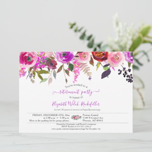 Elegant Chic Rozen Floral Foto Retirement Party Kaart (Staand voorkant)