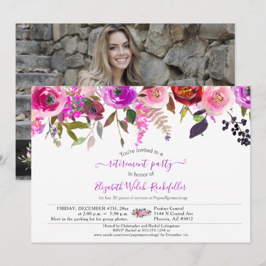 Elegant Chic Rozen Floral Foto Retirement Party Kaart (Voorkant / Achterkant)