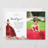 Elegant Chic Ruby Red Floral Geometric Quinceañera Bedankkaart (Voorkant)