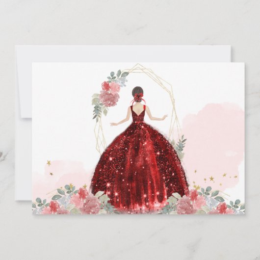Elegant Chic Ruby Red Floral Geometric Quinceañera Bedankkaart (Achterkant)
