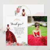 Elegant Chic Ruby Red Floral Geometric Quinceañera Bedankkaart (Voorkant / Achterkant)