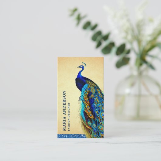 Elegant Chic  Rustic Blue Indian Peacock Visitekaartje (Staand voorkant)