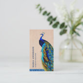 Elegant Chic Rustic Burlap Blue Indian Peacock Visitekaartje (Staand voorkant)