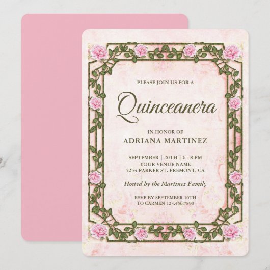 Elegant Chic  Rustic Roses Quinceanera Kaart (Voorkant / Achterkant)