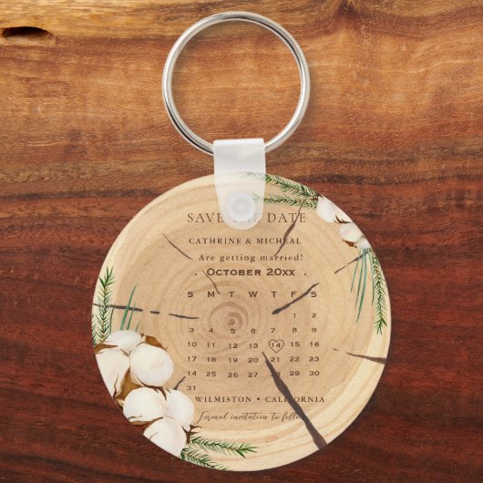 Elegant & Chic Rustiek Huwelijkshout Bewaar de dat Sleutelhanger (Voorkant)