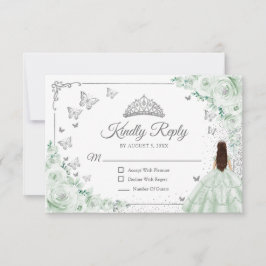 Elegant Chic Sage Green Silver Quinceanera Reply RSVP Kaartje