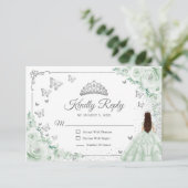 Elegant Chic Sage Green Silver Quinceanera Reply RSVP Kaartje (Staand voorkant)