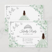 Elegant Chic Sage Green Silver Quinceanera Reply RSVP Kaartje (Voorkant / Achterkant)