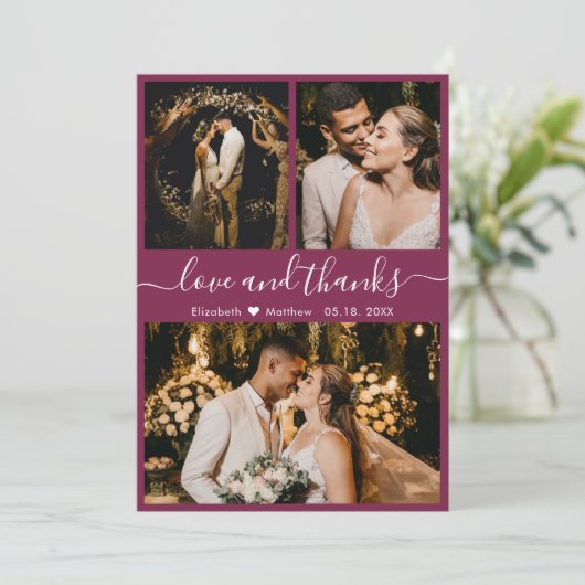 Elegant Chic Script 3 Photo Collage Weddenschap Da Bedankkaart (Staand voorkant)