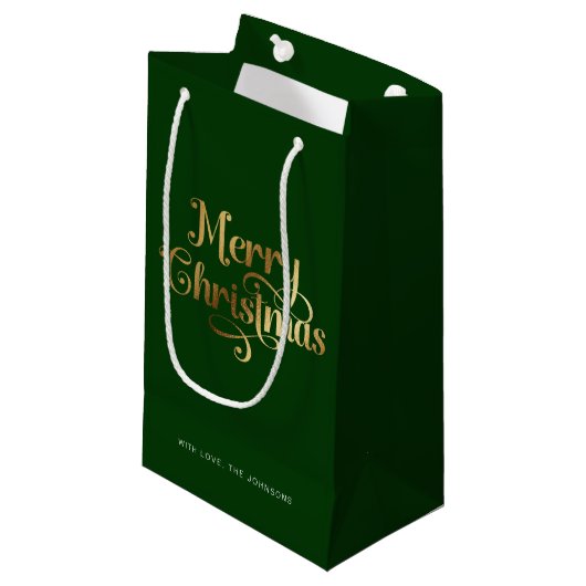 Elegant Chic Script Groen Goud Vrolijk Kerstfeest Klein Cadeauzakje (Voorkant Gekanteld)
