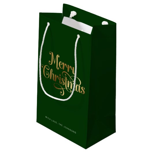 Elegant Chic Script Groen Goud Vrolijk Kerstfeest Klein Cadeauzakje (Achterkant Gekanteld)