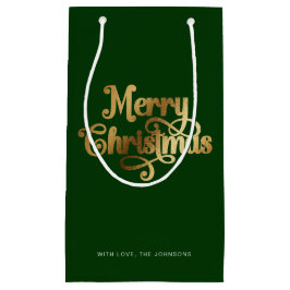 Elegant Chic Script Groen Goud Vrolijk Kerstfeest Klein Cadeauzakje