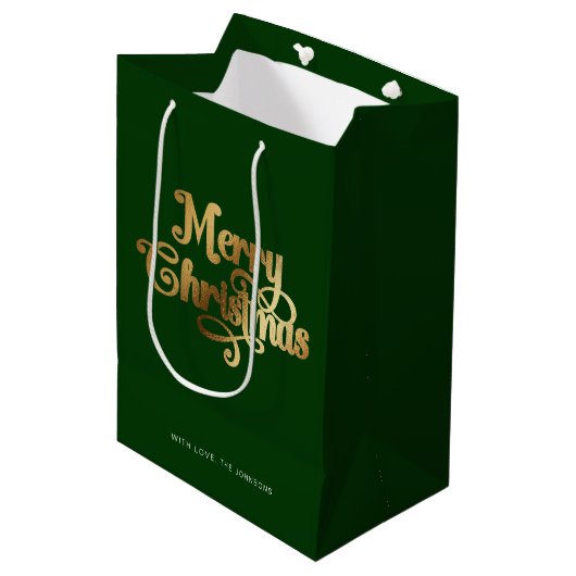 Elegant Chic Script Groen Goud Vrolijk Kerstfeest Medium Cadeauzakje (Voorkant Gekanteld)