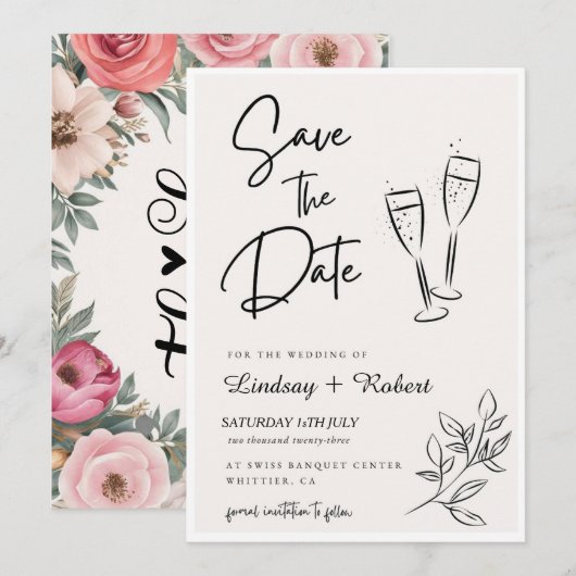 Elegant Chic Script Liefde Hart Trouwfoto Bedankt Save The Date (Voorkant / Achterkant)