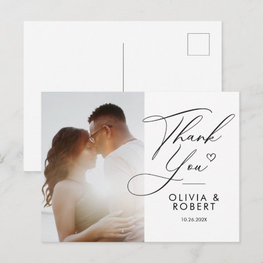 Elegant Chic Script Love Heart Weddenfoto Hartelij Briefkaart (Voorkant / Achterkant)