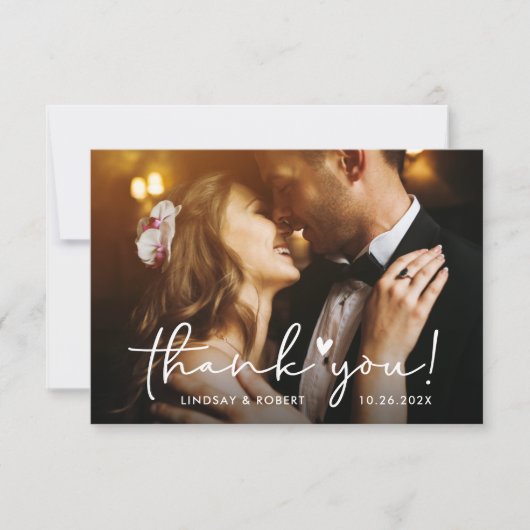 Elegant Chic Script Love Heart Weduwfoto Bedankkaart (Voorkant)