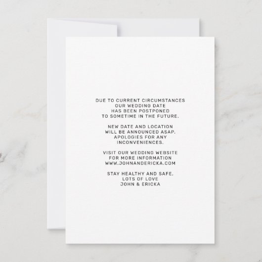Elegant Chic Script Photo Wedding Postponement Aankondiging (Achterkant)