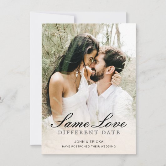 Elegant Chic Script Photo Wedding Postponement Aankondiging (Voorkant)