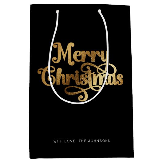 Elegant Chic Script Zwart Goud Vrolijk Kerstfeest Medium Cadeauzakje (Voorkant)