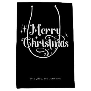 Elegant Chic Script Zwart & Wit Vrolijk Kerstfeest Medium Cadeauzakje