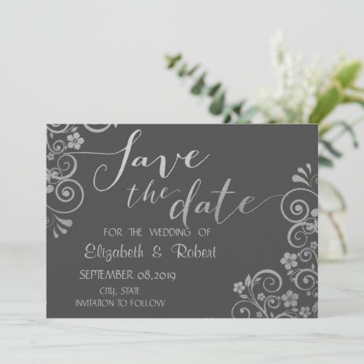 Elegant Chic Silver Flowers bewaar de datum Save The Date (Staand voorkant)
