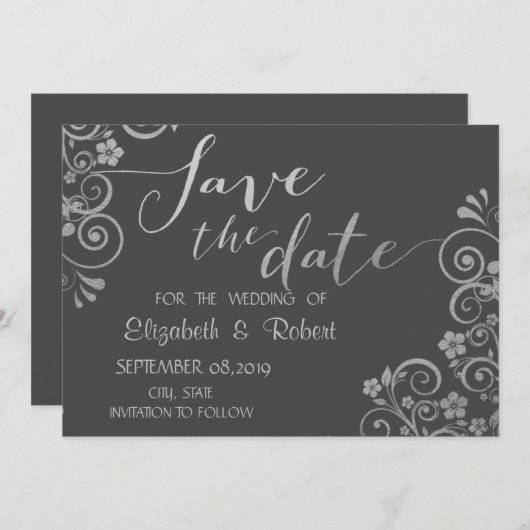 Elegant Chic Silver Flowers bewaar de datum Save The Date (Voorkant / Achterkant)