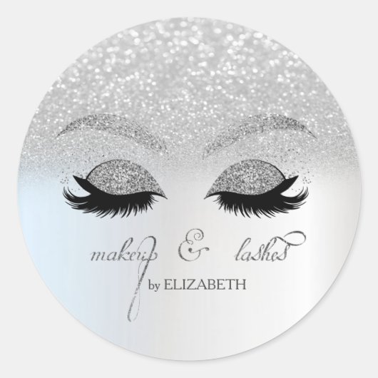 Elegant Chic Silver Glitter Bokeh, Faux Lashes Ronde Sticker (Voorkant)