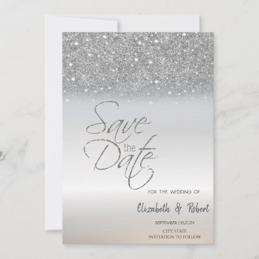 Elegant Chic Silver Glitter Bokeh slaat de datum o Save The Date (Voorkant)
