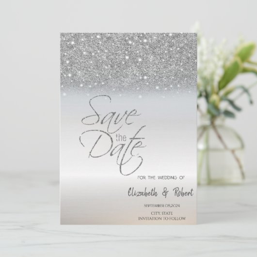 Elegant Chic Silver Glitter Bokeh slaat de datum o Save The Date (Staand voorkant)