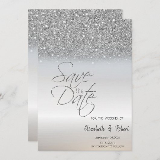 Elegant Chic Silver Glitter Bokeh slaat de datum o Save The Date (Voorkant / Achterkant)