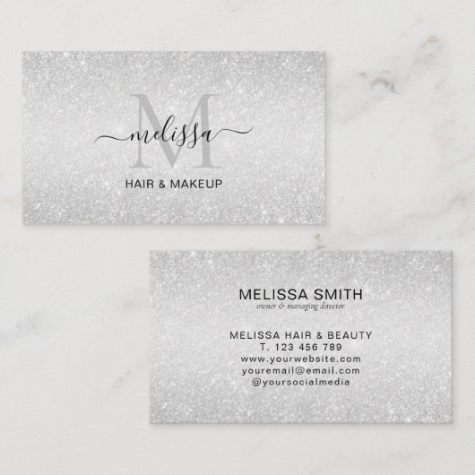 Elegant Chic Silver Glitter Monogram Visitekaartje (Voorkant / Achterkant)