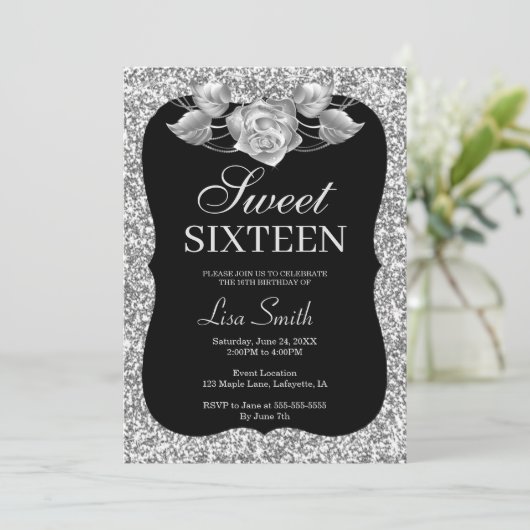 Elegant Chic Silver Glitter Silver Roos Sweet 16 Kaart (Staand voorkant)