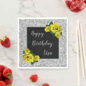 Elegant Chic Silver Glitter Yellow Roses Birthday Servet (Insitu)