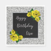 Elegant Chic Silver Glitter Yellow Roses Birthday Servet (Voorkant)