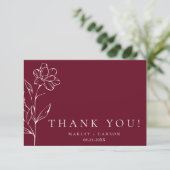 Elegant Chic Sketched Floral Burgundy Wedding Bedankkaart (Staand voorkant)