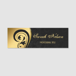 Elegant Chic Stylish Gold Swirls Black Damask Naamplaatje