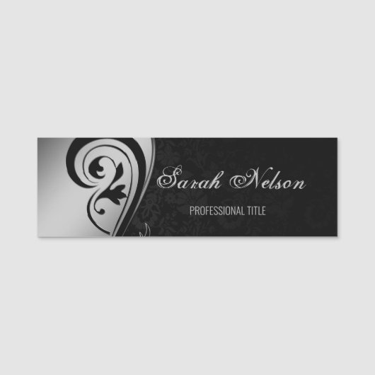 Elegant Chic Stylish Grey Swirls Black Damask Naamplaatje (Voorkant)