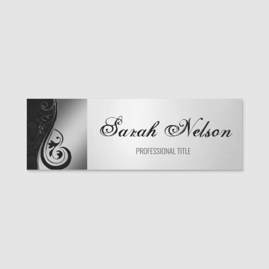 Elegant Chic Stylish Grey Swirls Damask Naamplaatje (Voorkant)