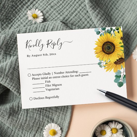 Elegant Chic Sunflower Eucalyptus Leaves Wedding RSVP Kaartje