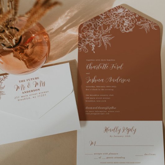 Elegant Chic Terracotta Copper Floral RSVP Wedding All In One Uitnodiging