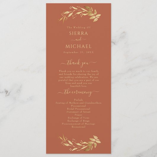 Elegant Chic Terracotta Rust Gold Foliage Wedding Programmakaart (Voorkant)