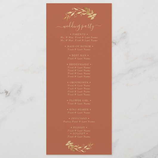 Elegant Chic Terracotta Rust Gold Foliage Wedding Programmakaart (Achterkant)