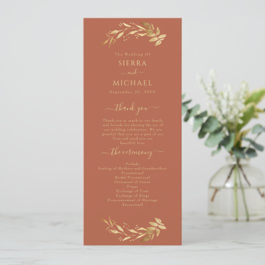 Elegant Chic Terracotta Rust Gold Foliage Wedding Programmakaart (Staand voorkant)