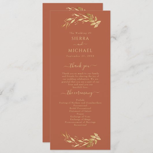 Elegant Chic Terracotta Rust Gold Foliage Wedding Programmakaart (Voorkant / Achterkant)