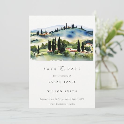 Elegant Chic Toscany Italië Waterverf Landschap Save The Date (Staand voorkant)