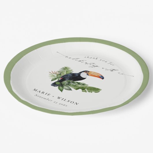 Elegant Chic Tropical Rainforest Toucan Wedding Papieren Bordje (Gekanteld)