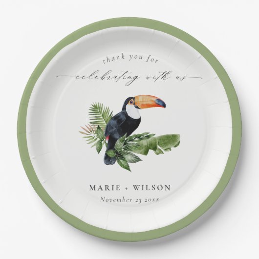 Elegant Chic Tropical Rainforest Toucan Wedding Papieren Bordje (Voorkant)