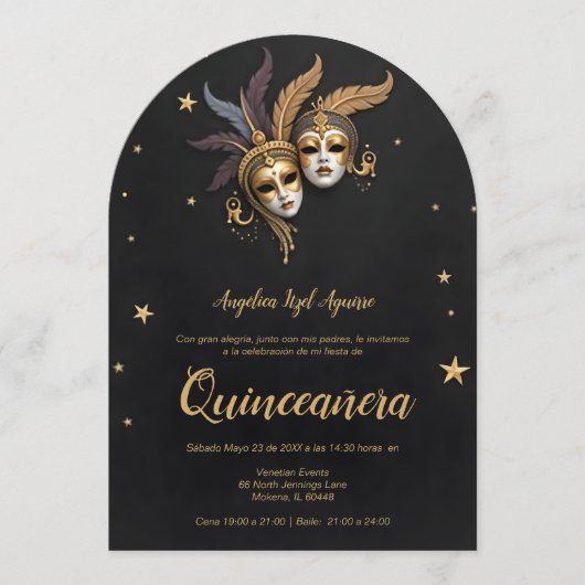 Elegant Chic Venetian Mask Quinceañera Party Kaart (Voorkant)
