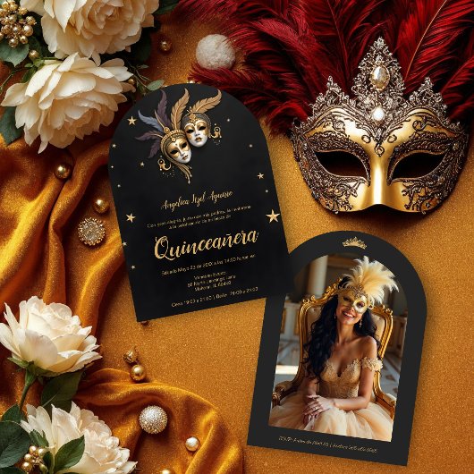 Elegant Chic Venetian Mask Quinceañera Party Kaart